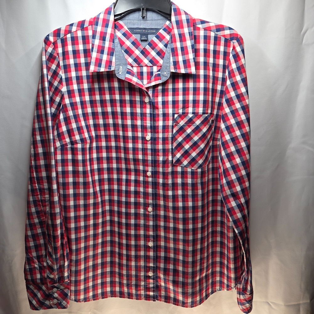 Classic Tommy Hilfiger Red Blue Plaid Check Long Sleeve Shirt Men's L